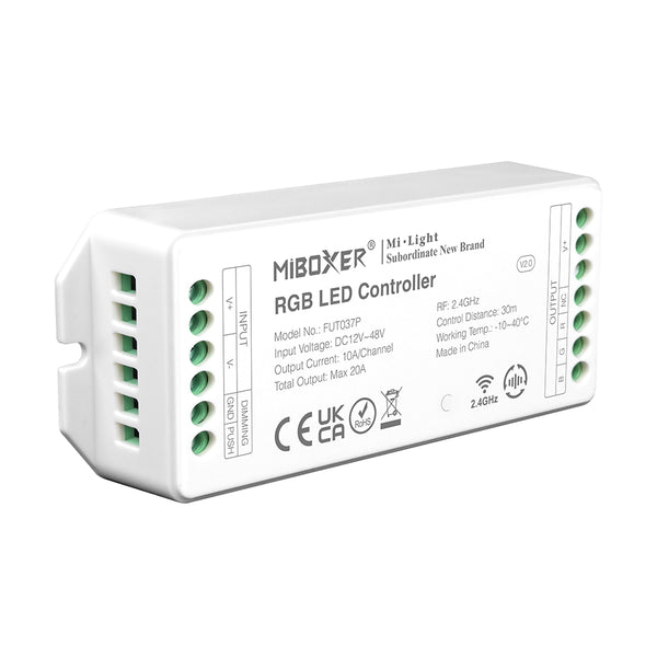 Miboxer 2.4 GHz RGB LED Streifen Controller DC12V-36V max. 20 A, PWM Hoch/Niederfrequenz, unterstützt Push Dimmer (FUT037P) - Miboxer Shop