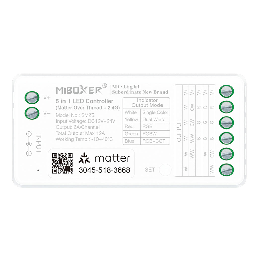 MiBoxer Matter over Thread + 2.4GHz 5-in-1 LED Controller DC12-24V für RGB RGBW RGB+CCT CCT Single Color LED Streifen Smart Home kompatibel ( SMZ5 )