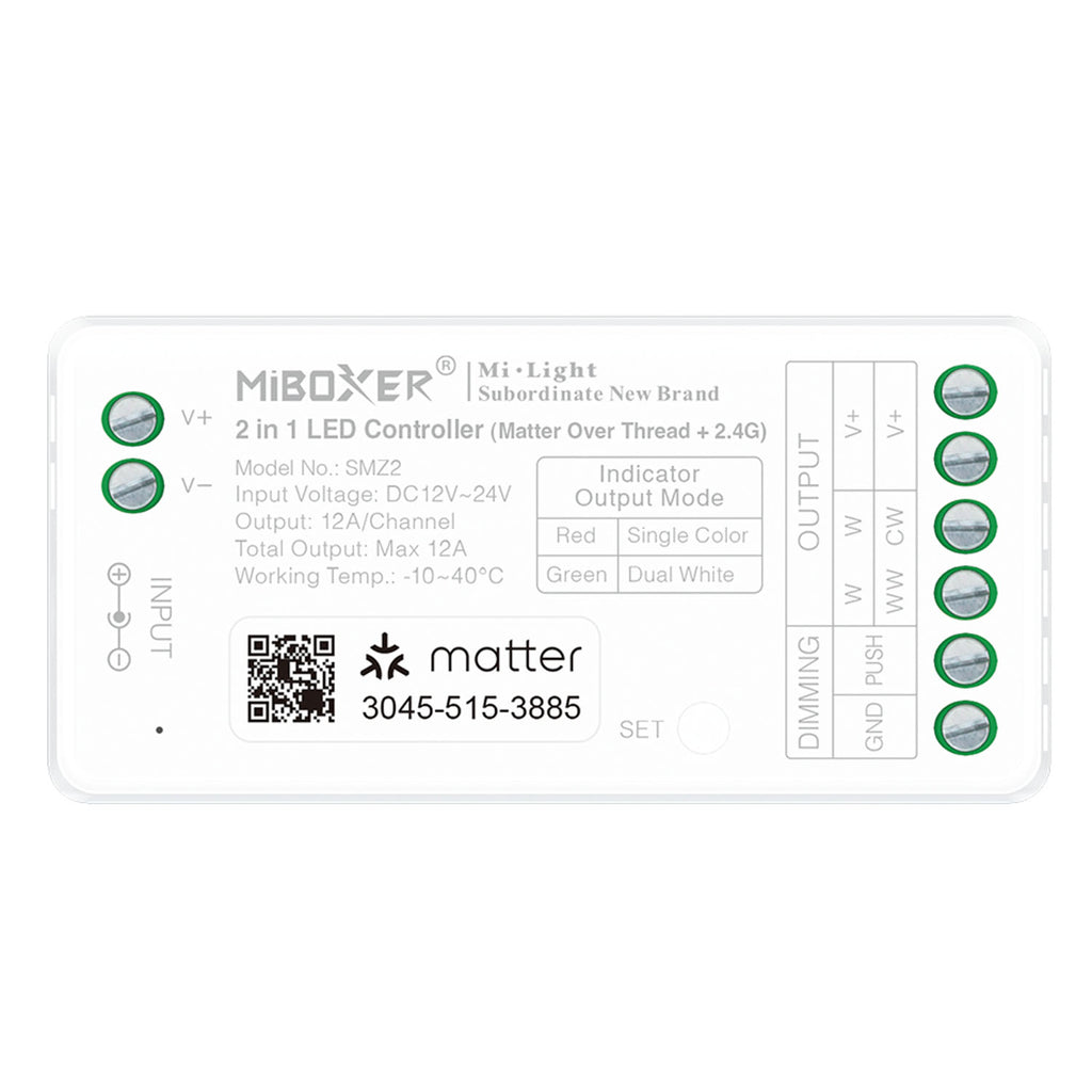 MiBoxer Matter over Thread + 2.4GHz 2-in-1 LED Controller DC12-24V für Single Color & CCT LED Streifen Smart Home kompatibel mit Apple Home Alexa Google Home ( SMZ2 )
