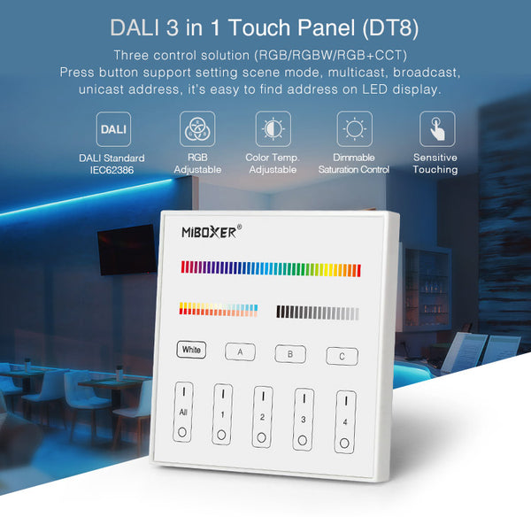 Miboxer DALI RGB/RGBW/RGBCCT 3-in-1-Touchpanel mit LED-Displa, DT8 (DP3S) - Miboxer Shop
