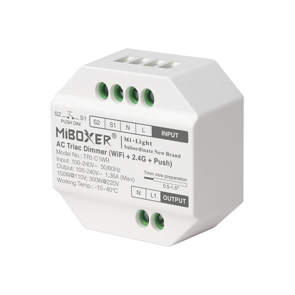 Miboxer Smart AC Triac Dimmer (WiFi+2,4G+Push), unterstützt Tuya Smart Alexa und Google Home-Sprachsteuerung, 2,4GHz Fernbedienung Push-Dimmen (TRI-C1WR) - Miboxer Shop