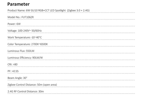 Miboxer 6W GU10 (Zigbee 3.0+2,4GHz)  RGB+CCT LED Spot Light   (FUT106ZR) - Miboxer Shop