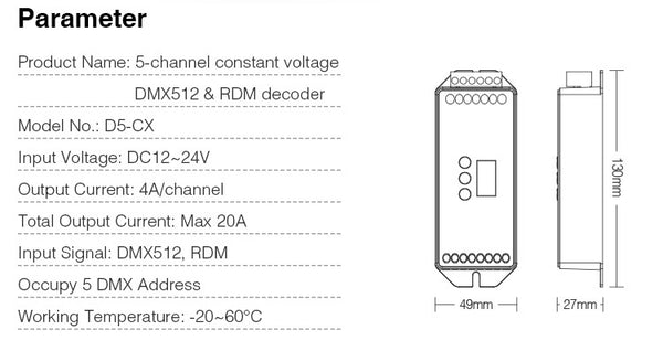 Miboxer 5-Kanal-Konstantspannungs-DMX512- und RDM-Decoder(D5-CX) - Miboxer Shop