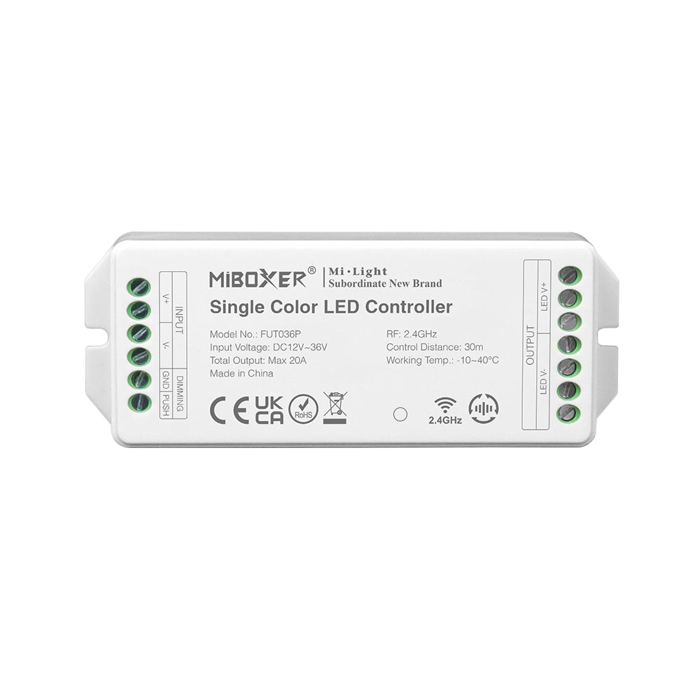 Miboxer 2.4 GHz einfarbiger Dimmer LED Streifen Controller DC12V-36V max. 20 A PWM Push Dimmer mit Hoch/Niederfrequenzunterstützung (FUT036P) - Miboxer Shop