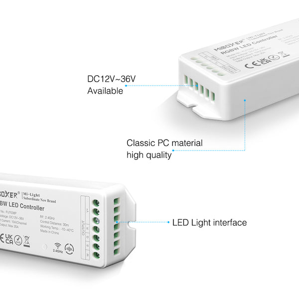 Miboxer 2.4 GHz RGBW RGB+weißer LED Streifen Controller DC12V-36V max. 20 A PWM Push Dimmer mit Hoch/Niederfrequenzunterstützung (FUT038P) - Miboxer Shop