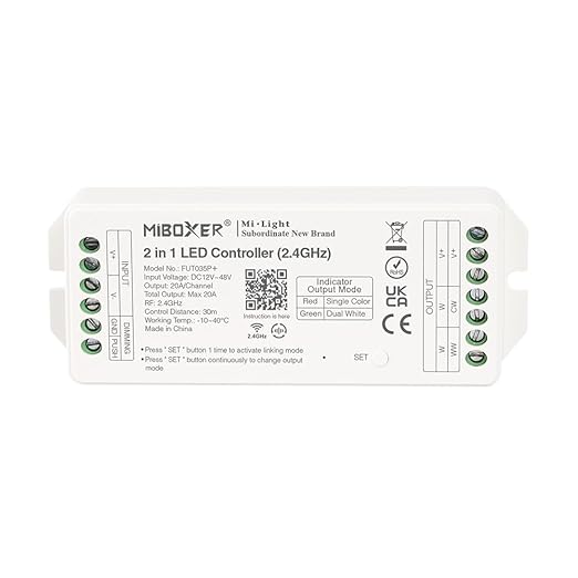 Miboxer 2.4 GHz 2 in 1 LED Controller DC12V-48V Hohe Ausgangsleistung max. 20 A, PWM Hoch/Niederfrequenz, unterstützt Push Dimmer (FUT035P+) - Miboxer Shop