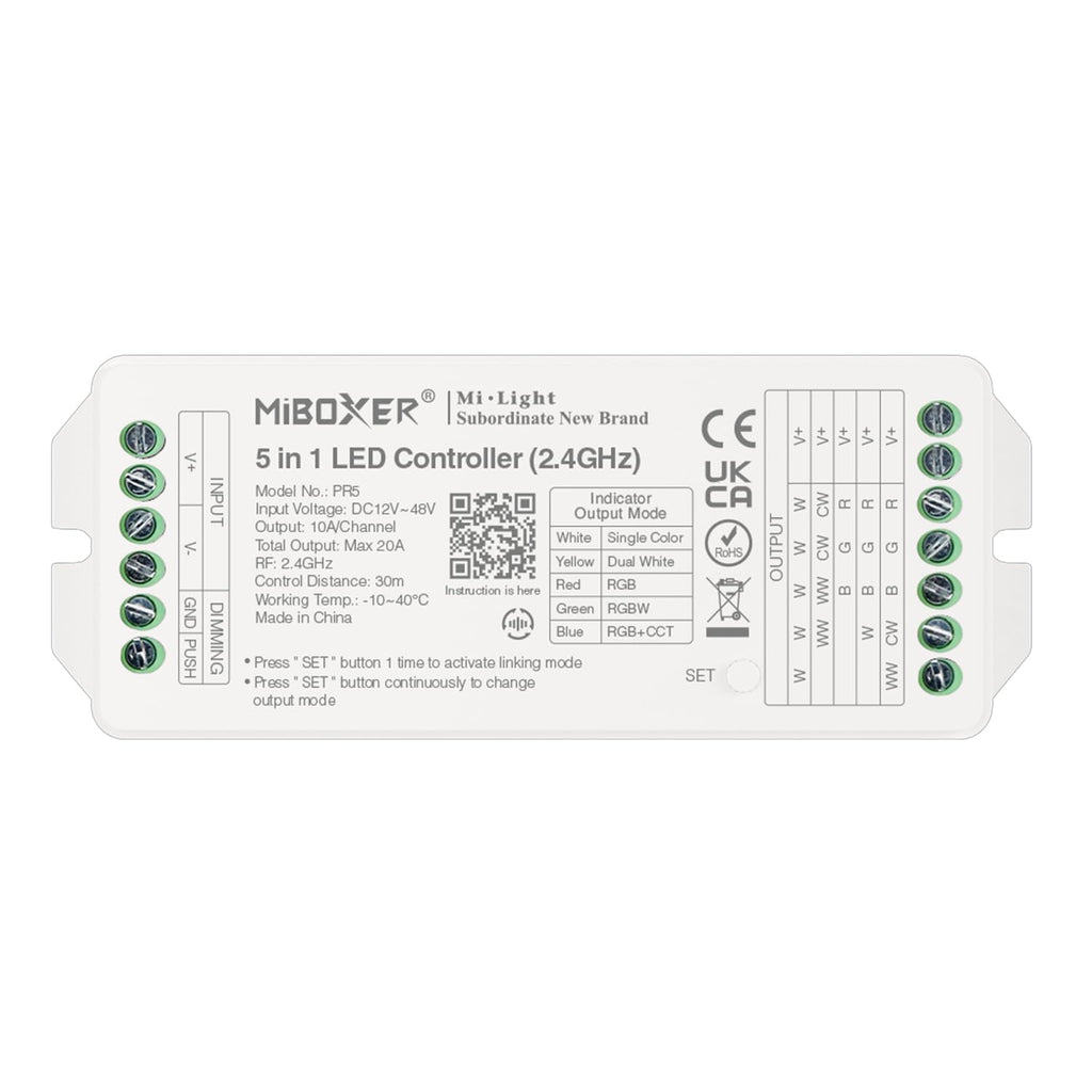 Miboxer 2,4 GHz 5 in 1 LED Controller DC 12V–48V Hohe Leistung, max. 20A, PWM hohe/niedrige Frequenz, unterstützt Push-Dimmer (PR5) - Miboxer Shop