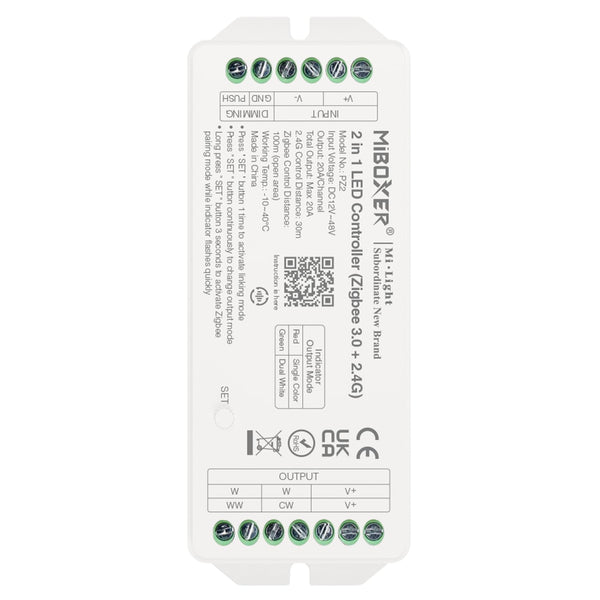Miboxer  2 in 1 LED Controller (Zigbee 3.0+2,4GHz) DC 12V–48V Hohe Leistung Max. 20 A, Zigbee und 2,4G Fernbedienung, unterstützt Push-Dimmen, (PZ2) - Miboxer Shop