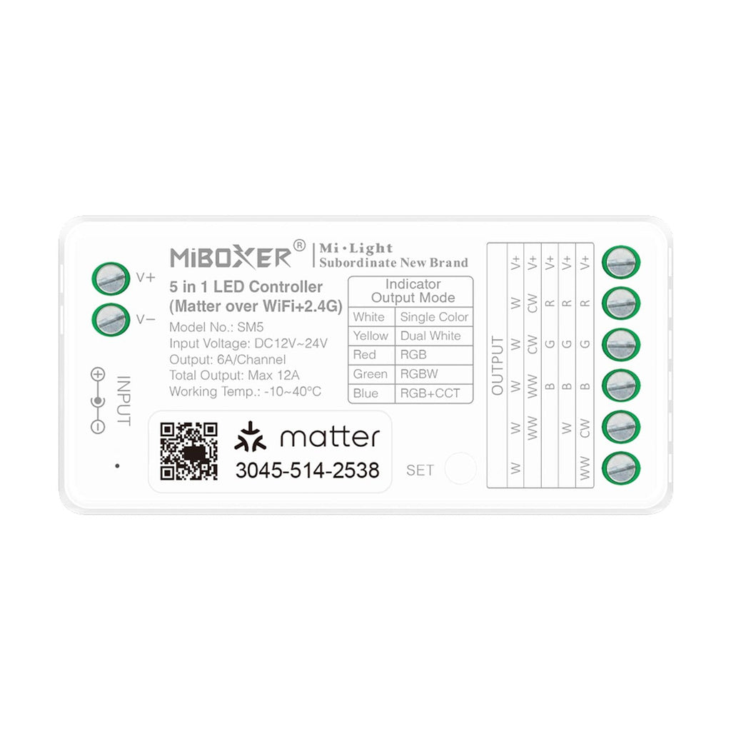 Miboxer Matter Over WiFi+2,4GHz DC12-24V 5in1 RGBCCT LED Controller Zertifiziertes Matter Unterstützt App Fernbedienung Matter Smarthome( SM5 )