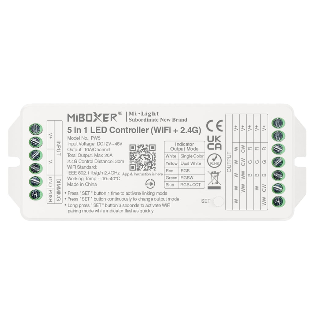 Miboxer 5 in 1  LED Controller  (WiFi+2,4G) DC 12V–48V Hohe Leistung, max. 20A, TUYA App und Sprachsteuerung, unterstützt Push-Dimmer (PW5) - Miboxer Shop