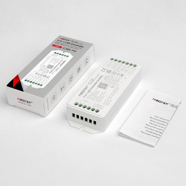 Miboxer 2,4 GHz 5 in 1 LED Controller DC 12V–48V Hohe Leistung, max. 20A, PWM hohe/niedrige Frequenz, unterstützt Push-Dimmer (PR5) - Miboxer Shop