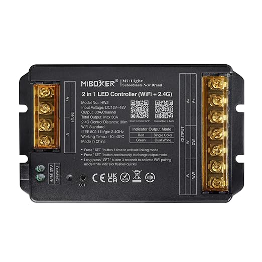 Miboxer  2 in 1 LED Controller (WiFi+2,4G) DC12 V-48 V Hohe Leistung Max. 30 A, TUYA App und Sprachsteuerung, unterstützt Push-Dimmen (HW2) - Miboxer Shop
