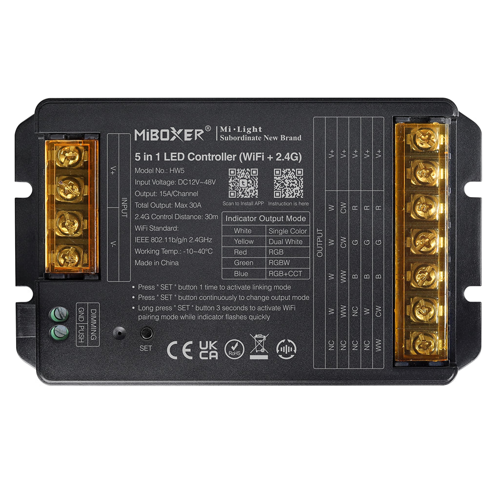 Miboxer 5 in 1 LED Controller (WiFi+2,4G)  DC12V-48V Hohe Leistung Max. 20 A, TUYA App und Sprachsteuerung, unterstützt Push-Dimmen (HW5) - Miboxer Shop