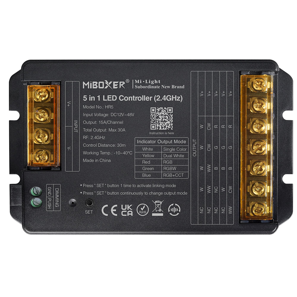 Miboxer 5 in 1 LED Controller 2,4 GHz  DC 12V-48V Hohe Leistung Max. 30 A, PWM Hoch-/Niedrigfrequenz, unterstützt Push-Dimmen (HR5)