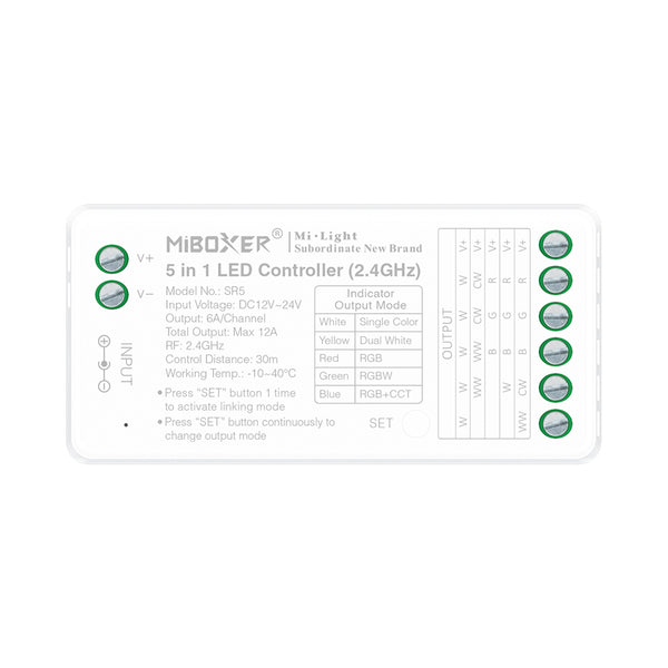 Miboxer 5-in-1 LED Controller – RGB + CCT + Monochrom & Dimmen, 2,4 GHz RF-Funk, Multi-Modus-Steuerung für LED-Streifen, Smart-Home kompatibel SR5 - Miboxer Shop