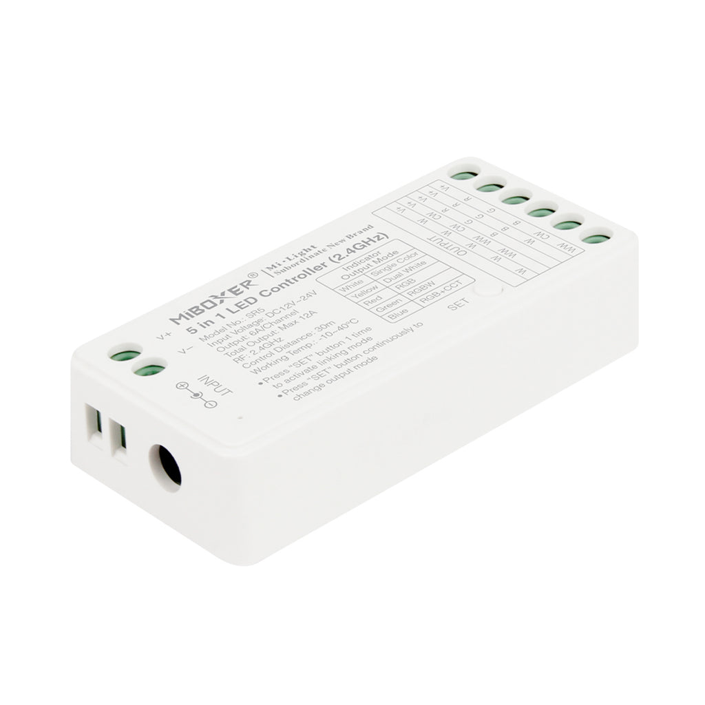 Miboxer 5-in-1 LED Controller – RGB + CCT + Monochrom & Dimmen, 2,4 GHz RF-Funk, Multi-Modus-Steuerung für LED-Streifen, Smart-Home kompatibel SR5 - Miboxer Shop