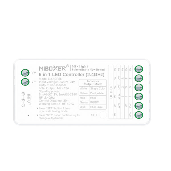Miboxer Low Power Consumption 5-in-1 LED Controller – 2,4 GHz Funk-Controller mit RGB+CCT+Dimmen+Sättigung, 16 Mio. Farben & Smart-Home-Kompatibilität SR5L - Miboxer Shop