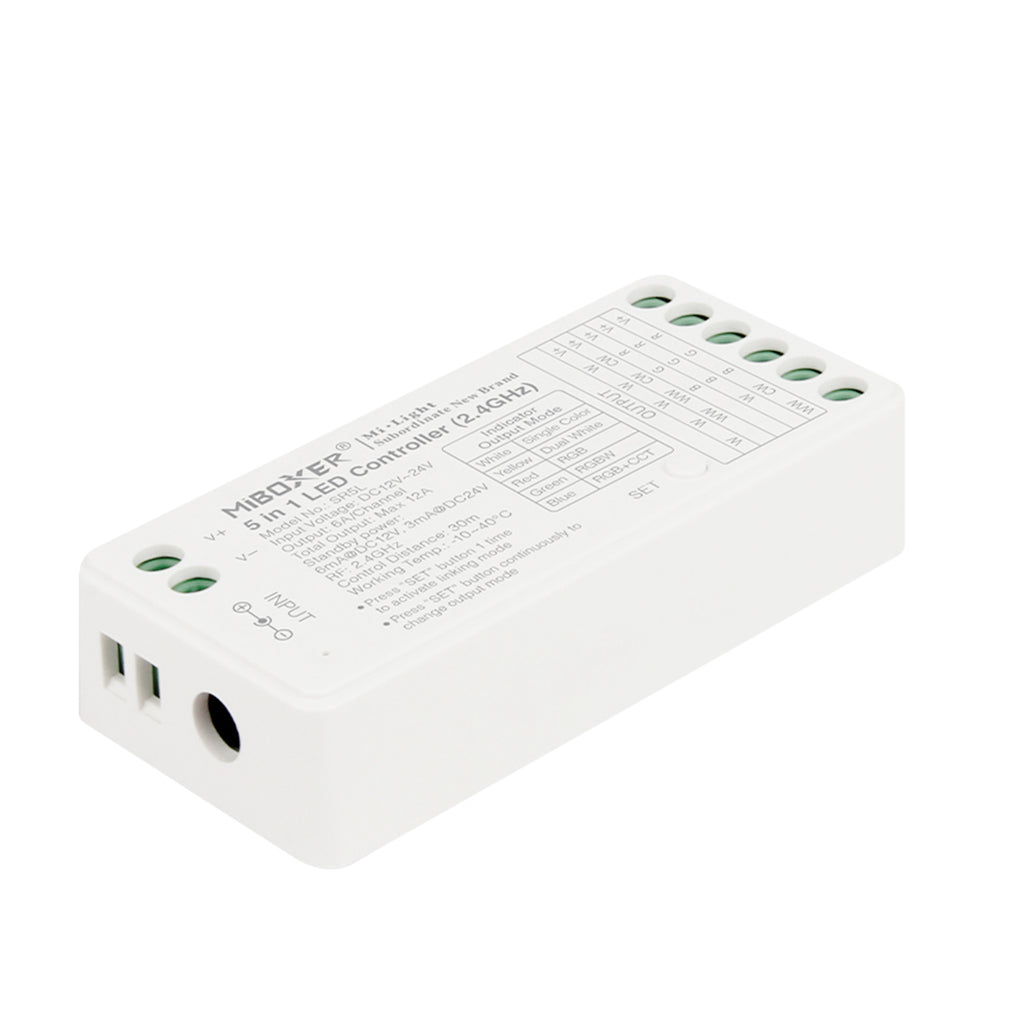 Miboxer Low Power Consumption 5-in-1 LED Controller – 2,4 GHz Funk-Controller mit RGB+CCT+Dimmen+Sättigung, 16 Mio. Farben & Smart-Home-Kompatibilität SR5L - Miboxer Shop