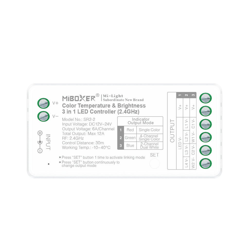 Miboxer 3-in-1 LED Controller 2,4 GHz Funk-LED-Steuergerät mit Single Color/4-Channel/2-Channel Dual-White-Modi Helligkeit & Farbtemperatursteuerung, SR2-2 - Miboxer Shop