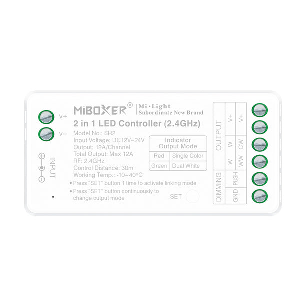 Miboxer 2-in-1 LED Controller 2,4 GHz RF Funk-Controller für Single-Color & Dual-White (CCT) LED-Streifen einstellbare Helligkeit & Farbtemperatur PUSH-Dimming SR2 - Miboxer Shop