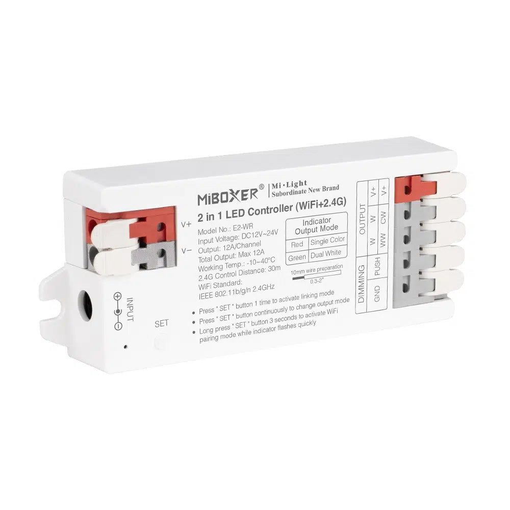 Miboxer 2 in 1 LED Controller (2,4 GHz) LED Streifen Controller DC12V/24V Ausgang max. 12A, unterstützt Push Dim, (E2-RF) - Miboxer Shop