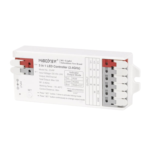 Miboxer 3 in 1 LED Controller (2,4 GHz) RGB RGBW RGBCCT LED Streifen Controller DC12V/24V Ausgang max. 12A, unterstützt DMX512, (E3-RF) - Miboxer Shop