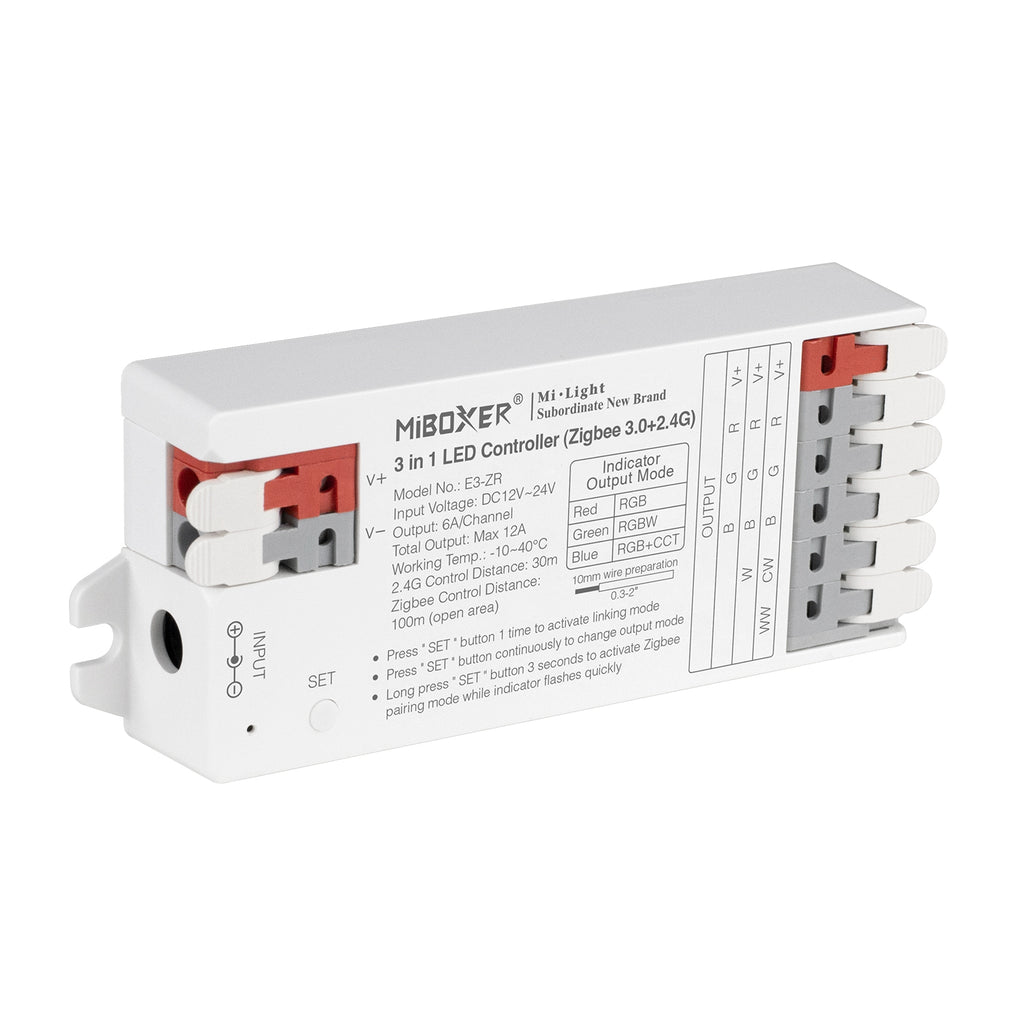 Miboxer 3 in 1 LED Controller (Zigbee 3.0+2,4GHz) DC 12V/24V, kompatibel mit Zigbee 2,4 GHz-Fernbedienung, APP/Sprachsteuerung (E3-ZR) - Miboxer Shop