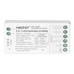 Miboxer 3 in 1 LED Controller 2,4 GHz RGB RGBW RGBCCT LED Streifen Controller DC12V/24V Ausgang Max. 12A (FUT037S+) - Miboxer Shop