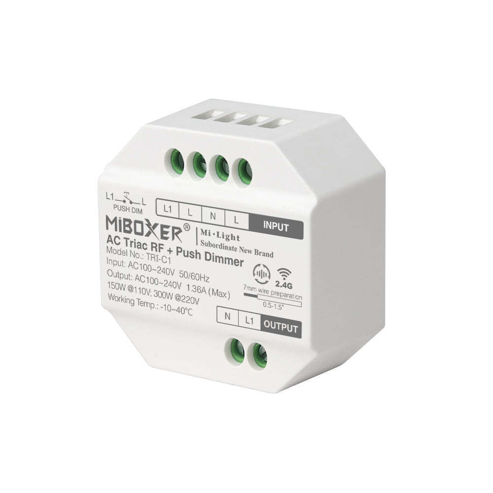Miboxer TRIAC Dimmermodul RF + PUSH Steuerung für Lampen und dimmbare LED-Strahler AC 100-240V Phasenabschnittsdimmer (TRI-C1) - Miboxer Shop